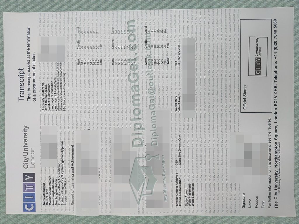 伦敦大学城成绩单, City University London Transcirpt