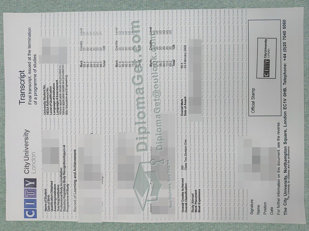 伦敦大学城成绩单, City University London Transcirpt