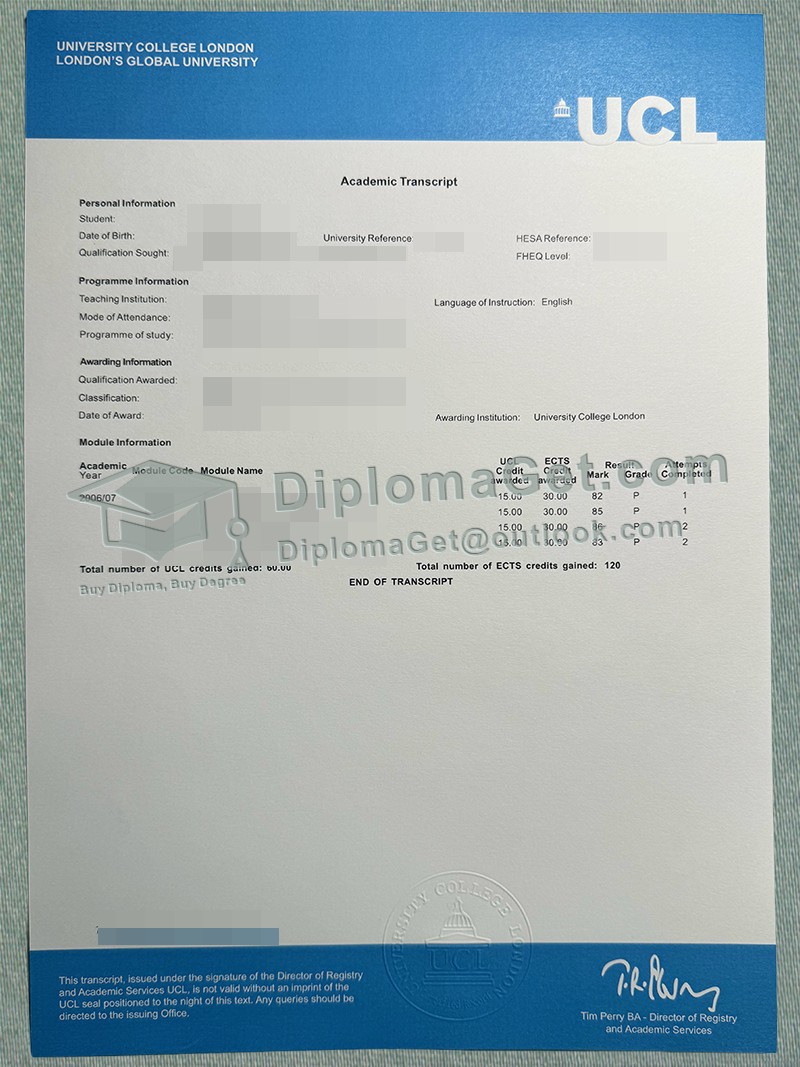 伦敦大学学院成绩单, University College London Transcript