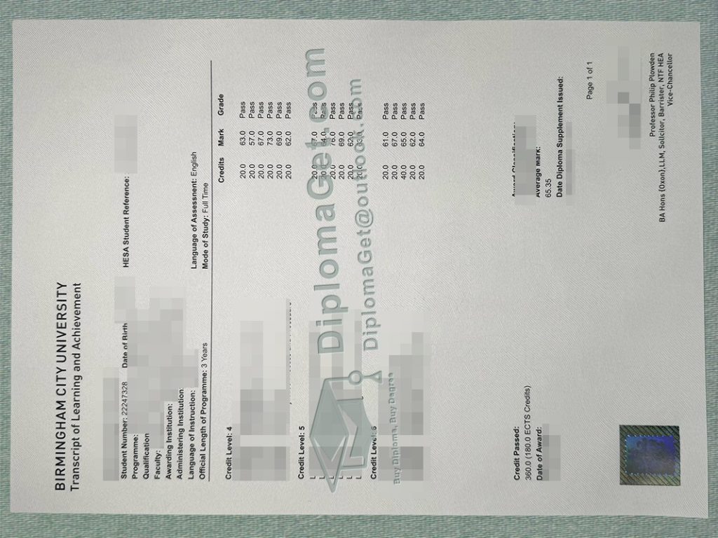 伯明翰城市大学成绩单 Birmingham City University Transcript
