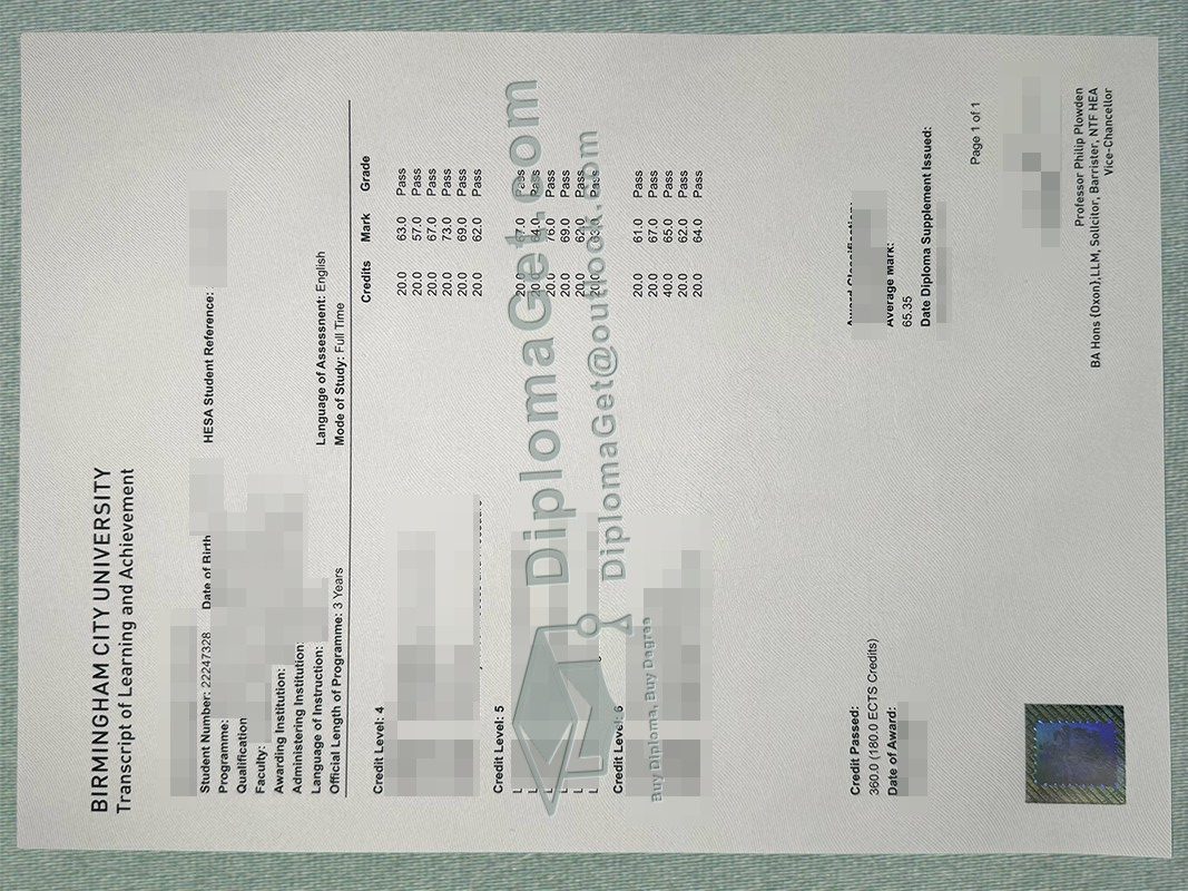 伯明翰城市大学成绩单 Birmingham City University Transcript