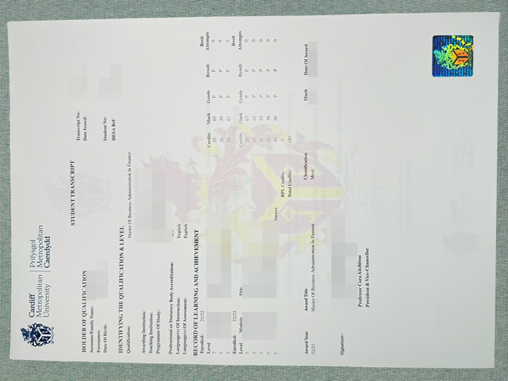 卡迪夫城市大学成绩单, Cardiff Metropolitan University Transcript