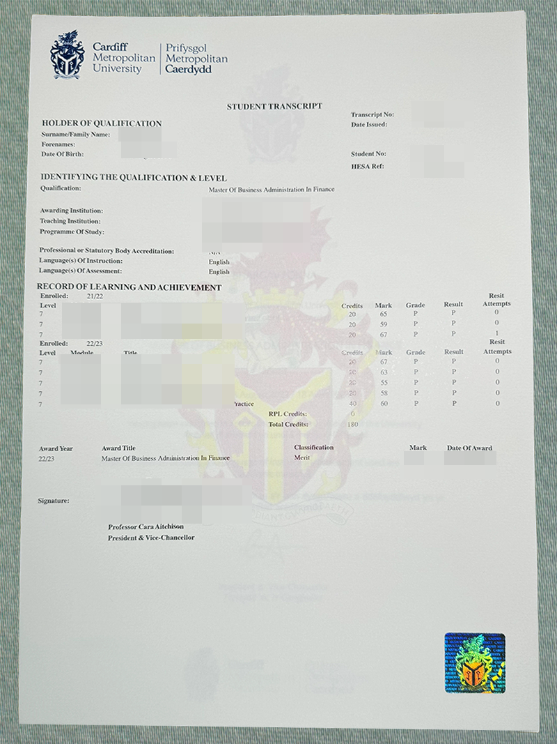 卡迪夫城市大学成绩单, Cardiff Metropolitan University Transcript