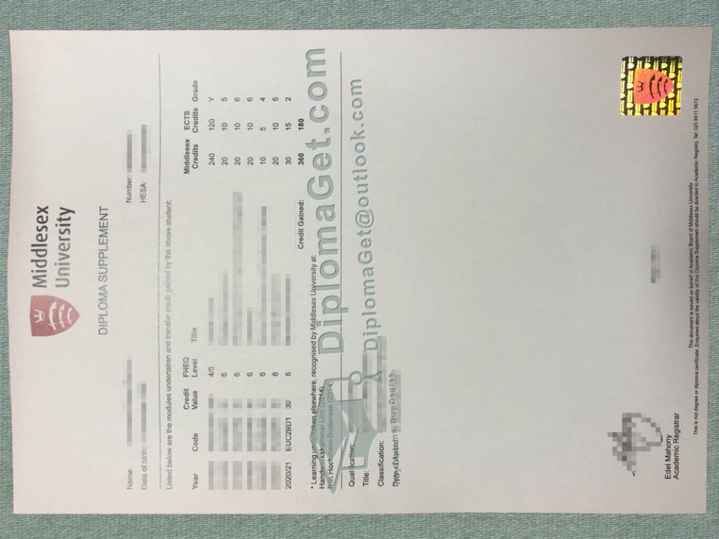 密德萨斯大学成绩单, Middlesass University Transcript