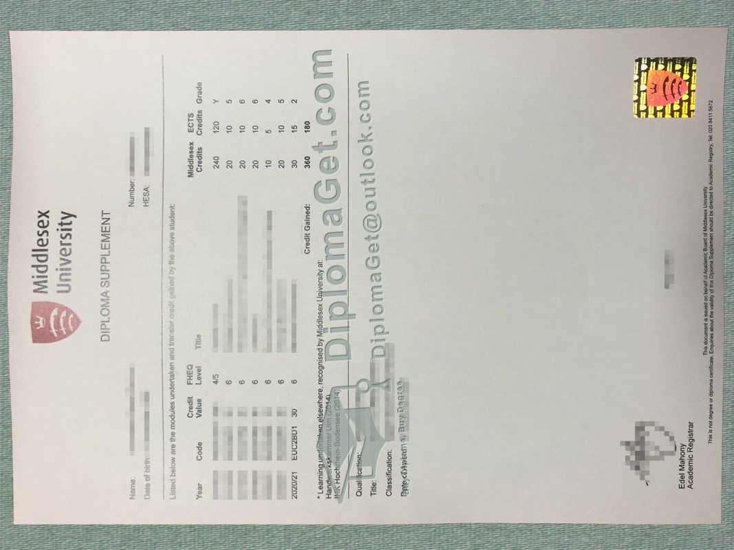 密德萨斯大学成绩单, Middlesass University Transcript