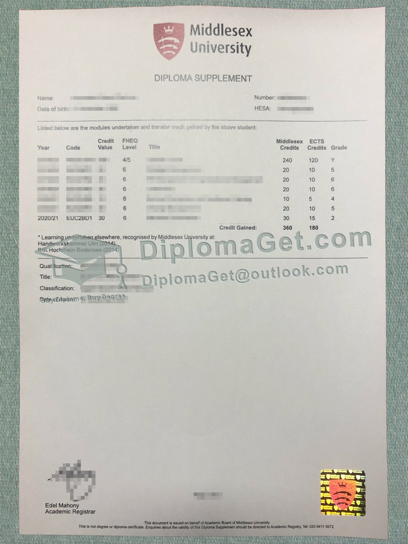 密德萨斯大学成绩单, Middlesass University Transcript