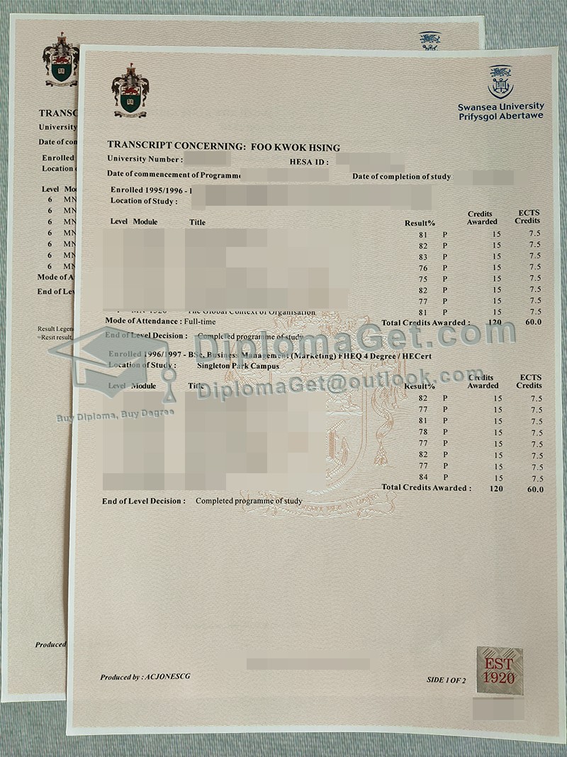 斯旺西大学成绩单, Swansea University Transcript