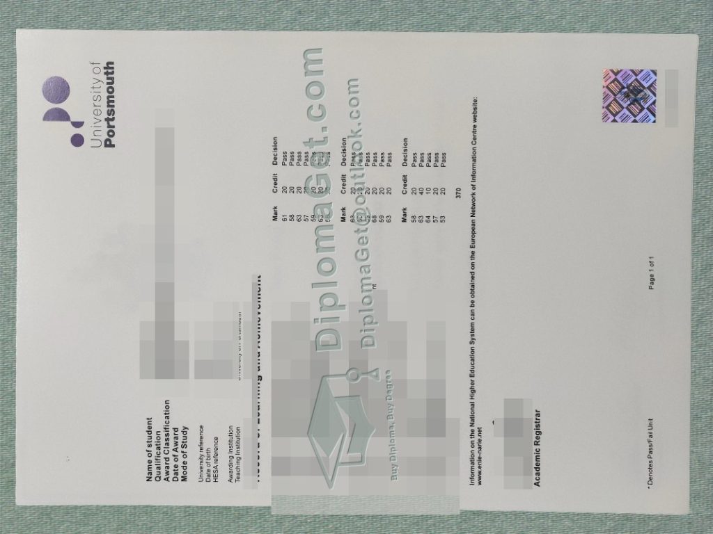 朴茨茅斯大学成绩单, University of Portsmouth Transcript