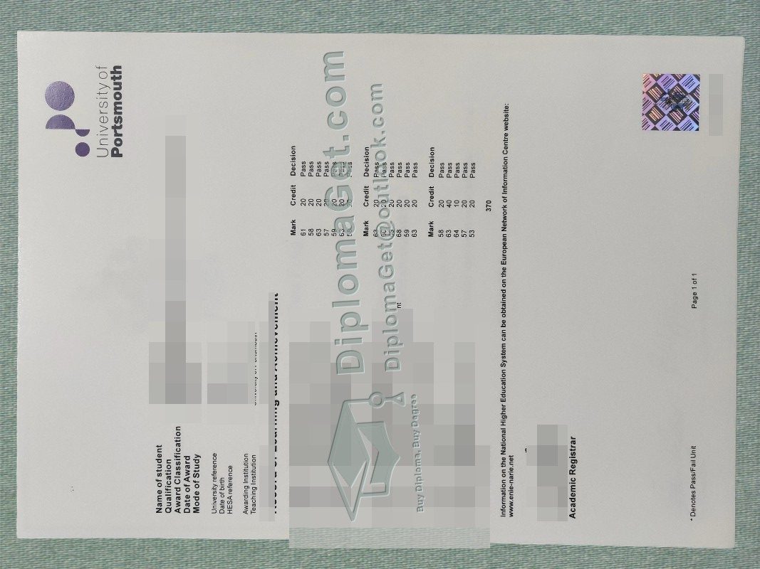 朴茨茅斯大学成绩单, University of Portsmouth Transcript