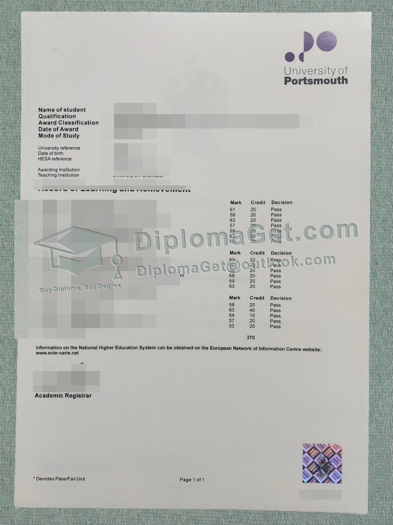 朴茨茅斯大学成绩单, University of Portsmouth Transcript