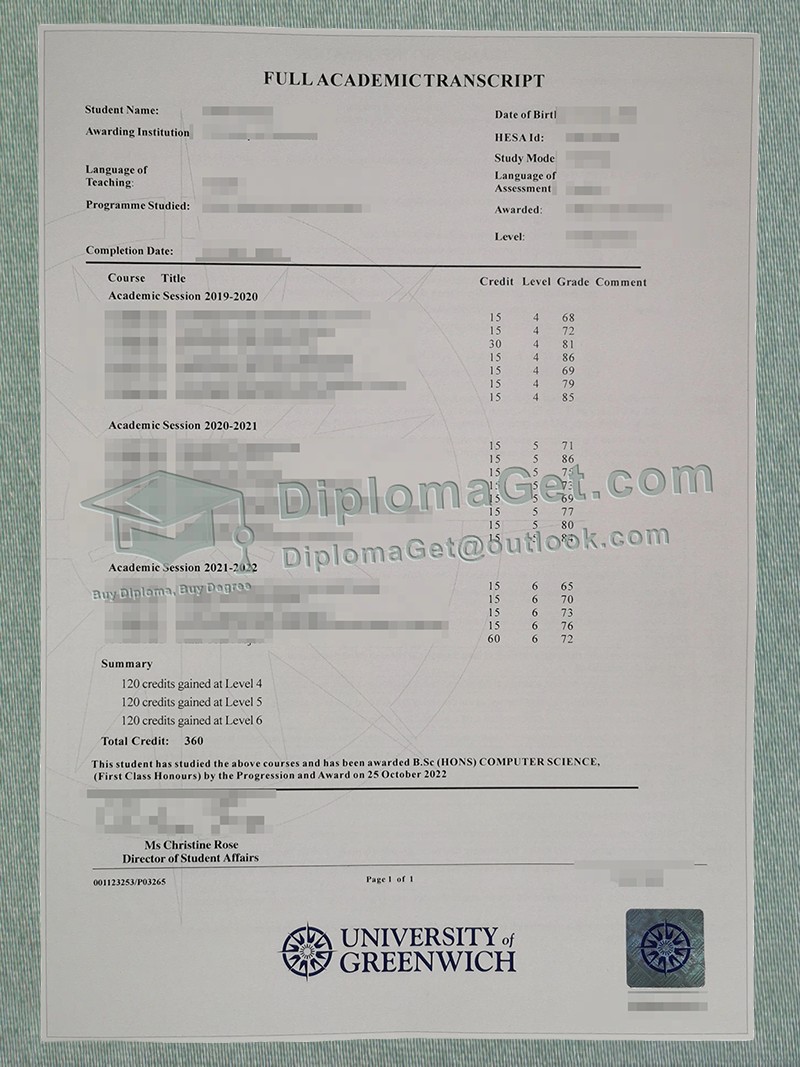 格林威治大学成绩单 University of Greenwich Transcript
