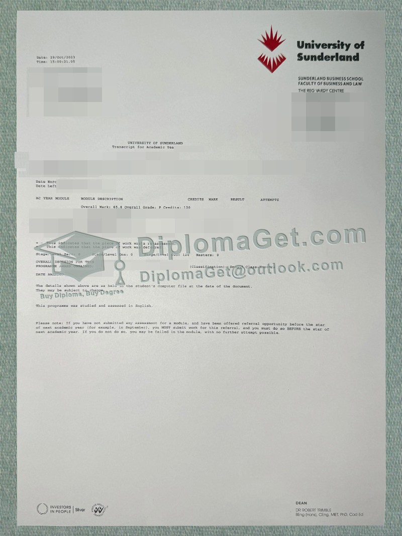 桑德兰大学成绩单, University of Sunderland Transcript