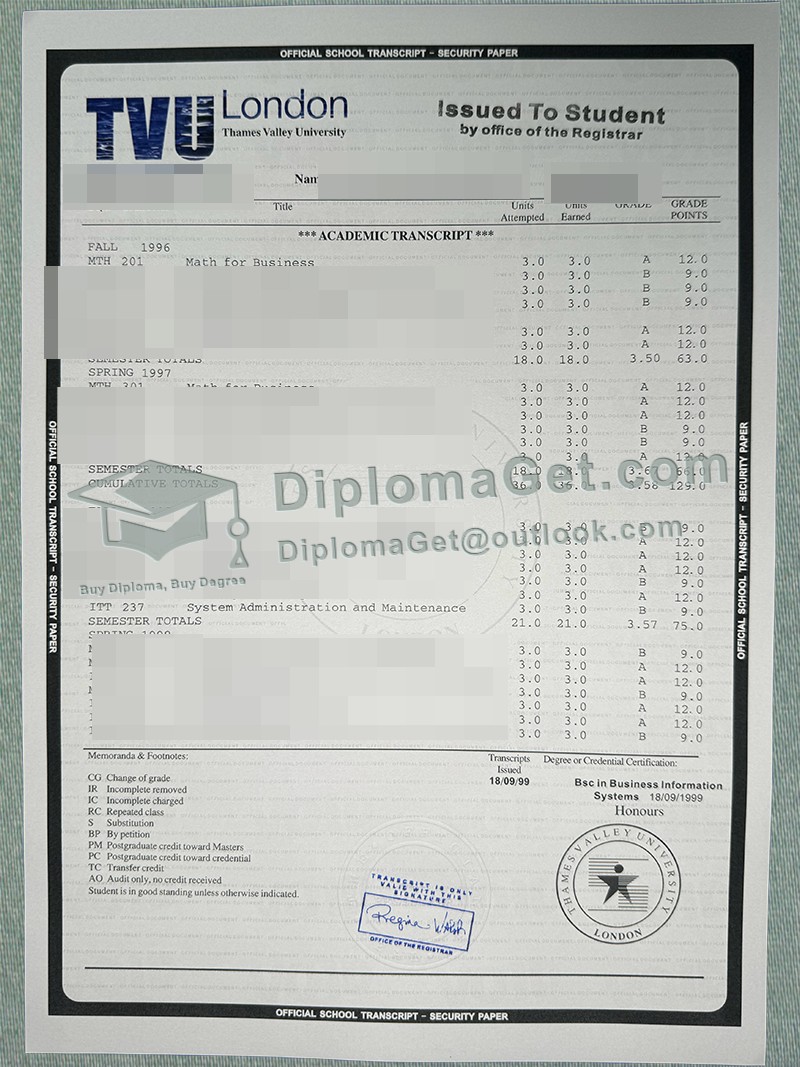 泰晤士河谷大学成绩单, Thames Valley University Transcript