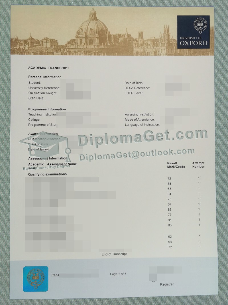 牛津大学成绩单, University of Oxford Transcript