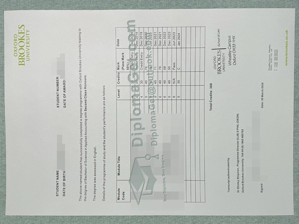 牛津布鲁克斯大学成绩单, Oxford Brookes University Transcript
