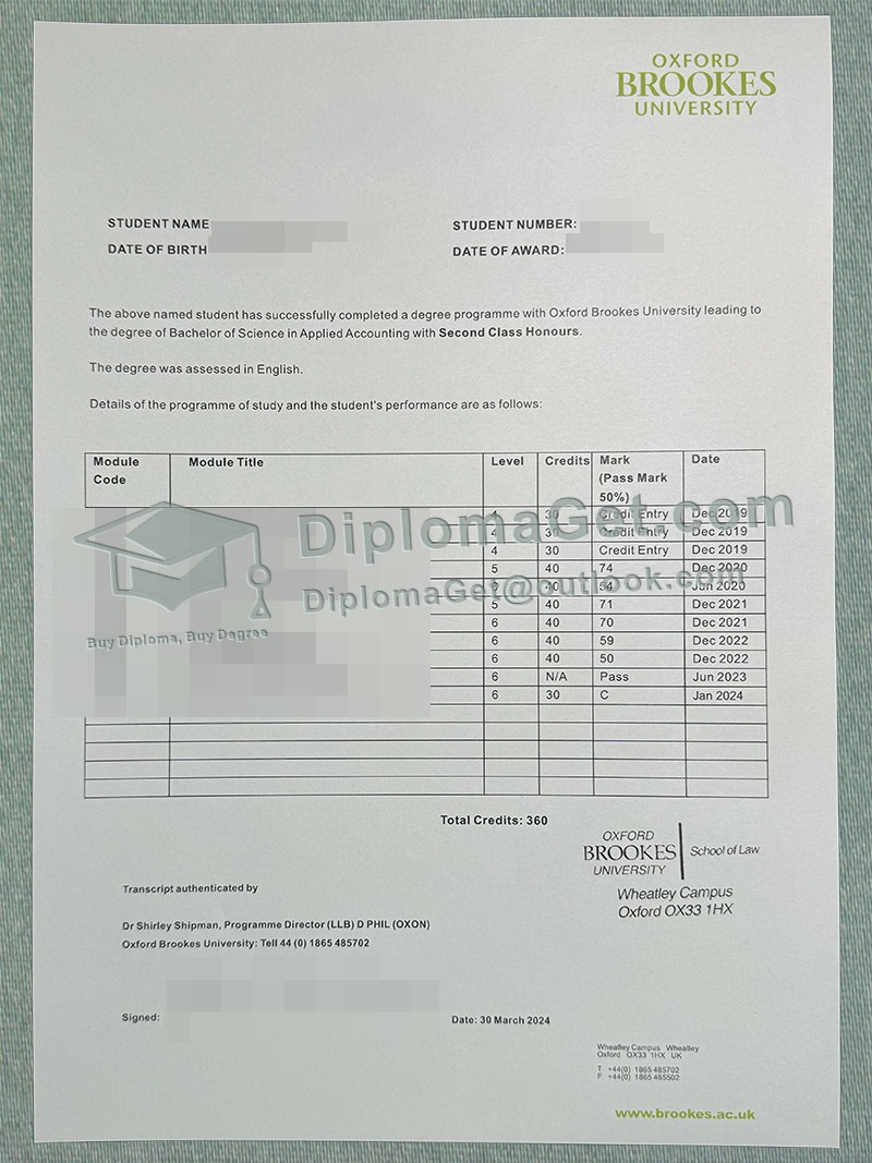 牛津布鲁克斯大学成绩单, Oxford Brookes University Transcript
