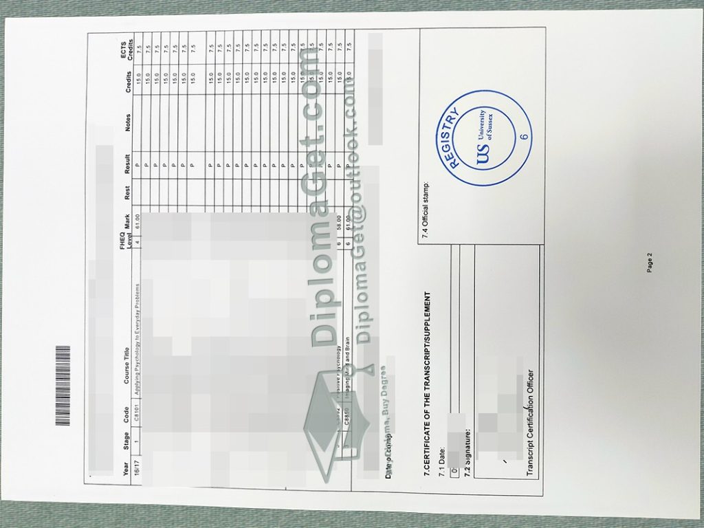 萨塞克斯大学成绩单, University of Sussex Transcript