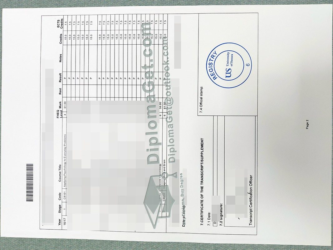 萨塞克斯大学成绩单, University of Sussex Transcript