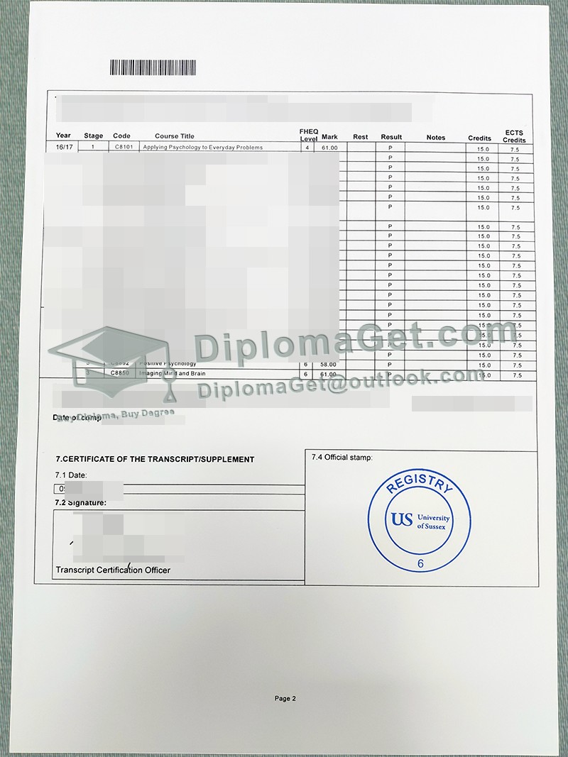 萨塞克斯大学成绩单, University of Sussex Transcript