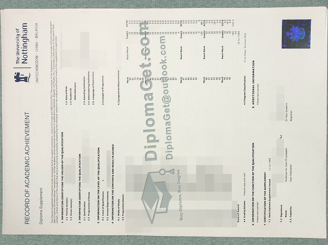 诺丁汉大学成绩单, University of Nottingham Transcript