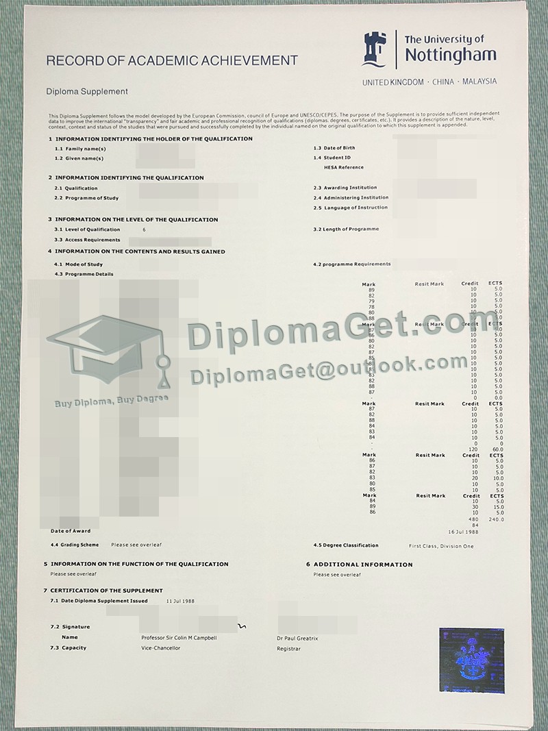 诺丁汉大学成绩单, University of Nottingham Transcript