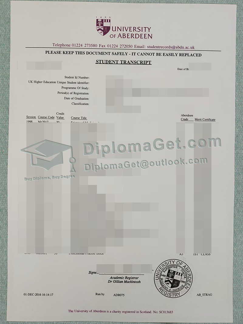 阿伯丁大学成绩单, University of Aberdeen Transcript