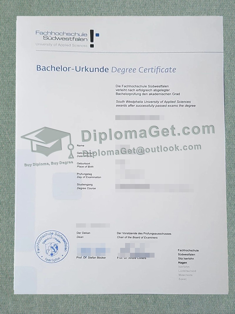 西南威斯特法伦应用科技大学证书, Fachhochschule Südwestfalen Urkunde 西南威斯特法伦应用科技大学证书, Fachhochschule Südwestfalen Urkunde