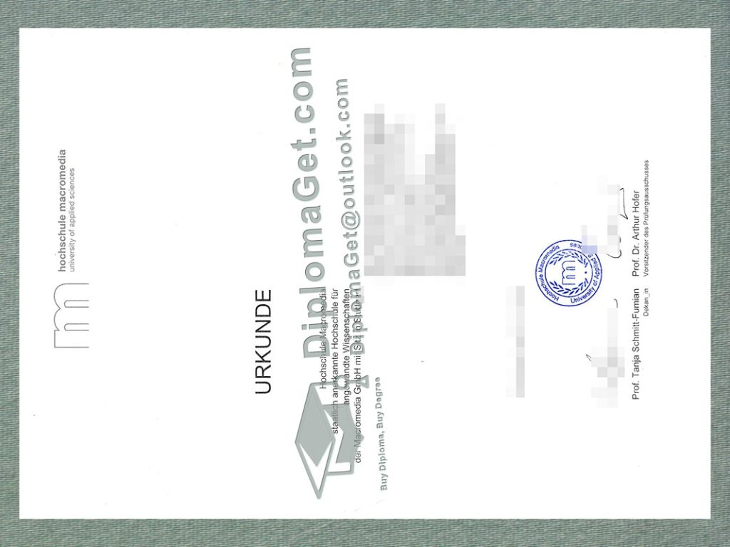 马科罗梅迪亚应用科技大学证书, Hochschule Macromedia Urkunde