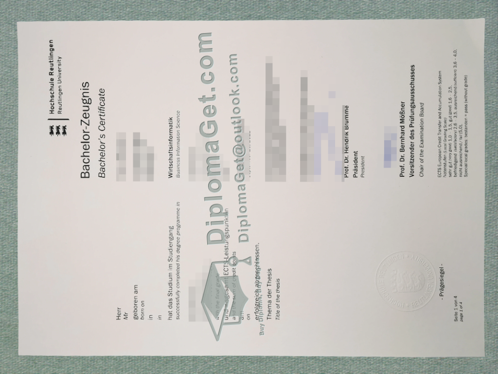 罗伊特林根应用科技大学证书, Hochschule Reutlingen Urkunde