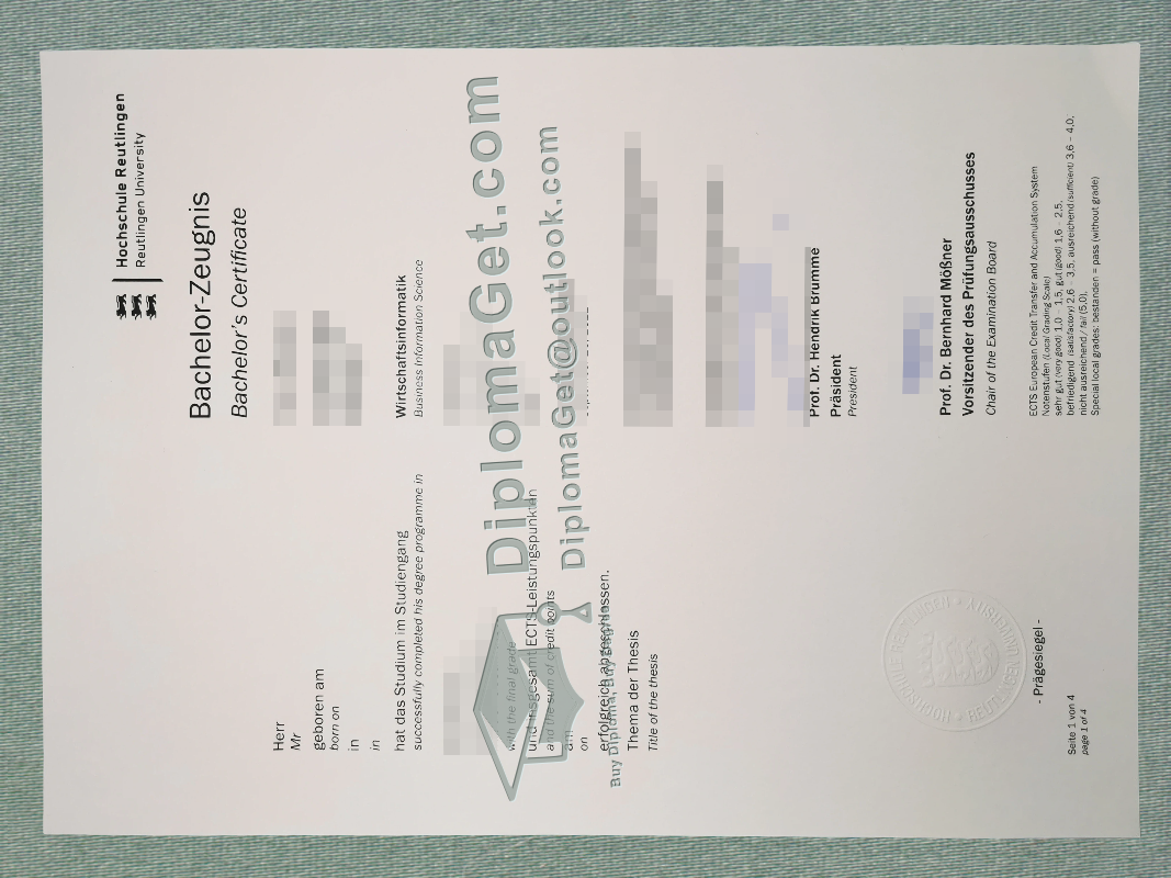 罗伊特林根应用科技大学证书, Hochschule Reutlingen Urkunde