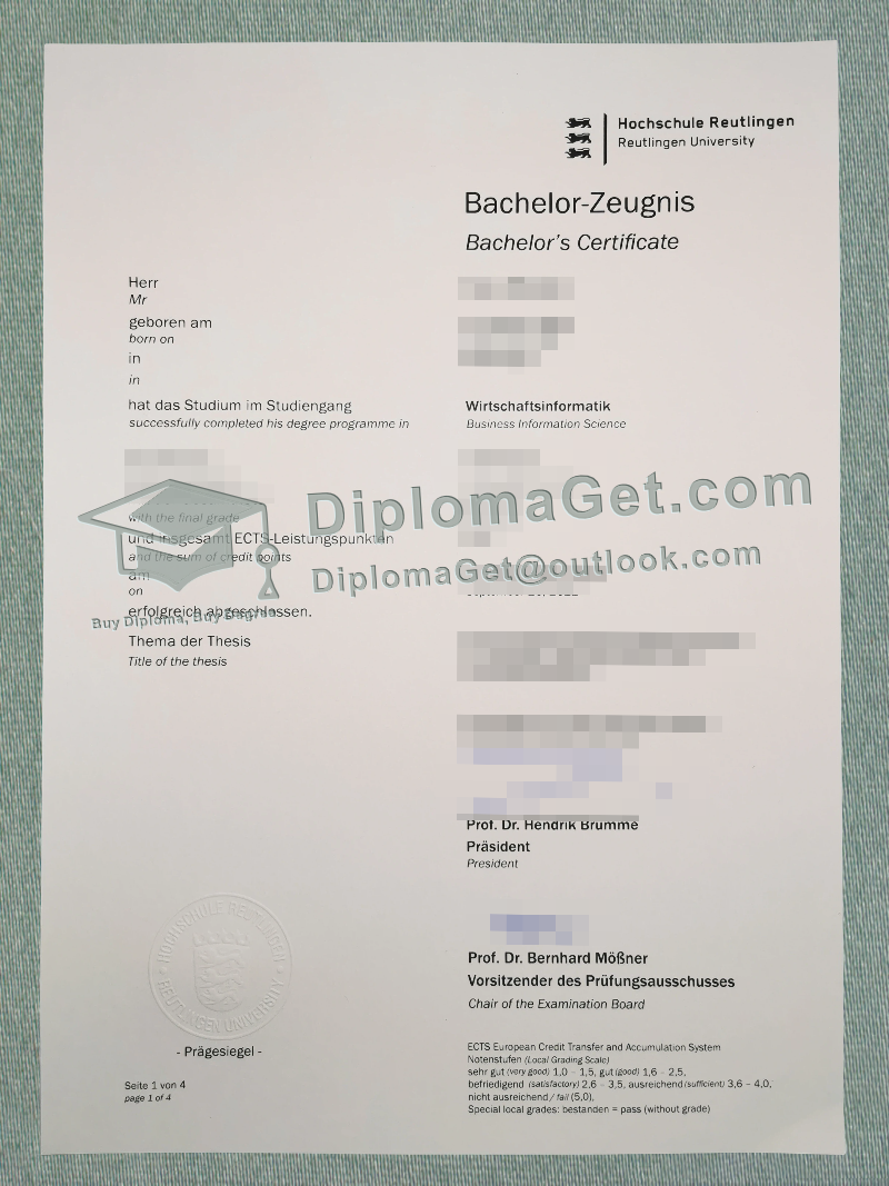 罗伊特林根应用科技大学证书, Hochschule Reutlingen Urkunde