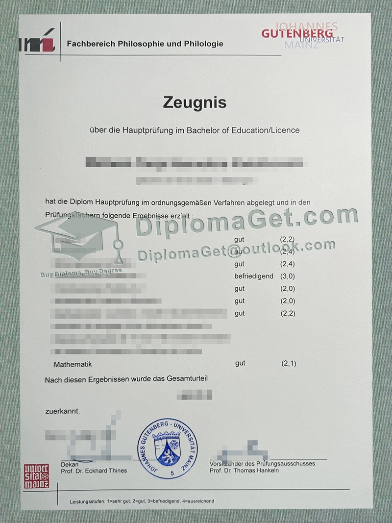美因茨约翰内斯·古腾堡大学成绩单, Johannes Gutenberg-Universität Mainz Zeugnis 美因茨约翰内斯·古腾堡大学成绩单, Johannes Gutenberg-Universität Mainz Zeugnis