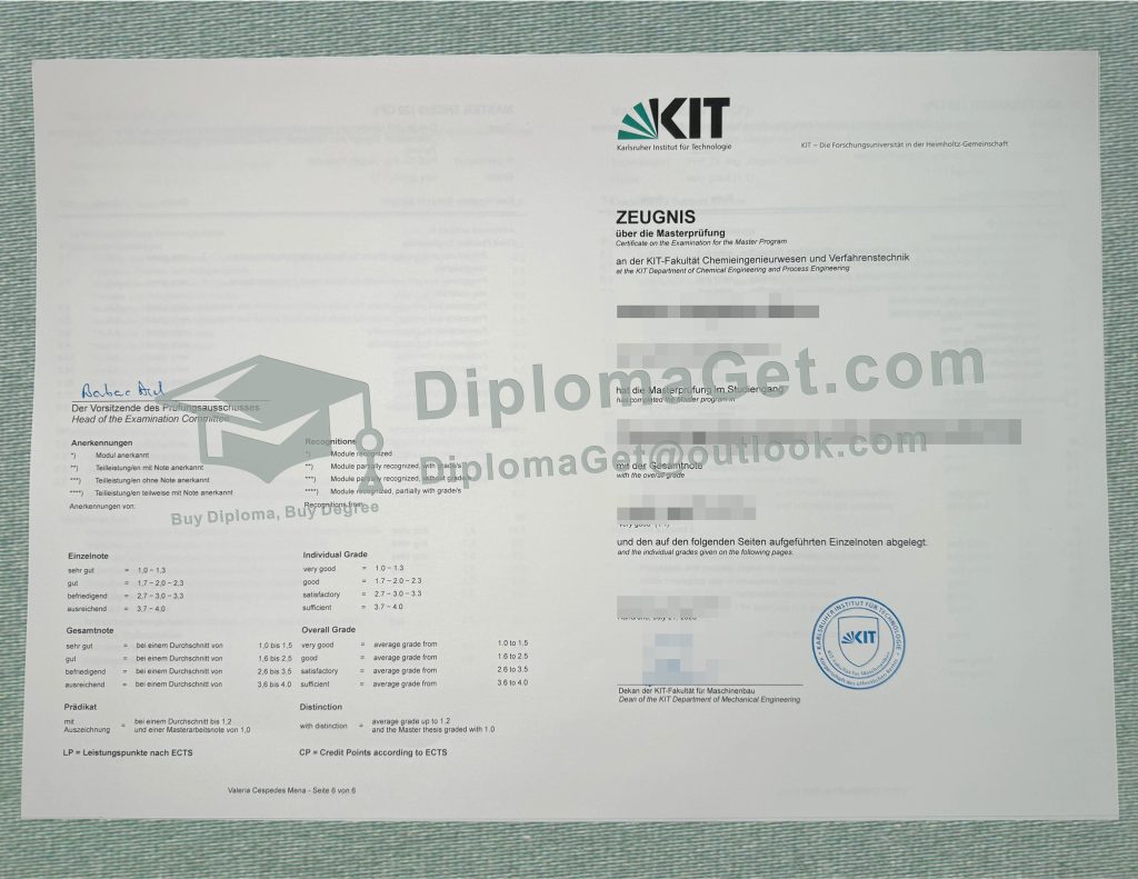 卡尔斯鲁厄理工学院成绩单, Karlsruhe Institute of Technology Zeugnis