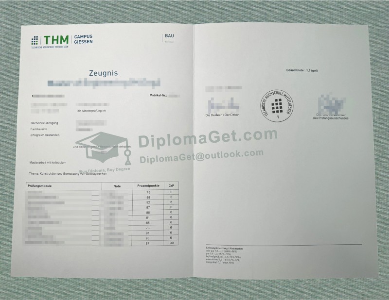 中黑森工业大学成绩单, Technische Hochschule Mittelhessen Zeugnis