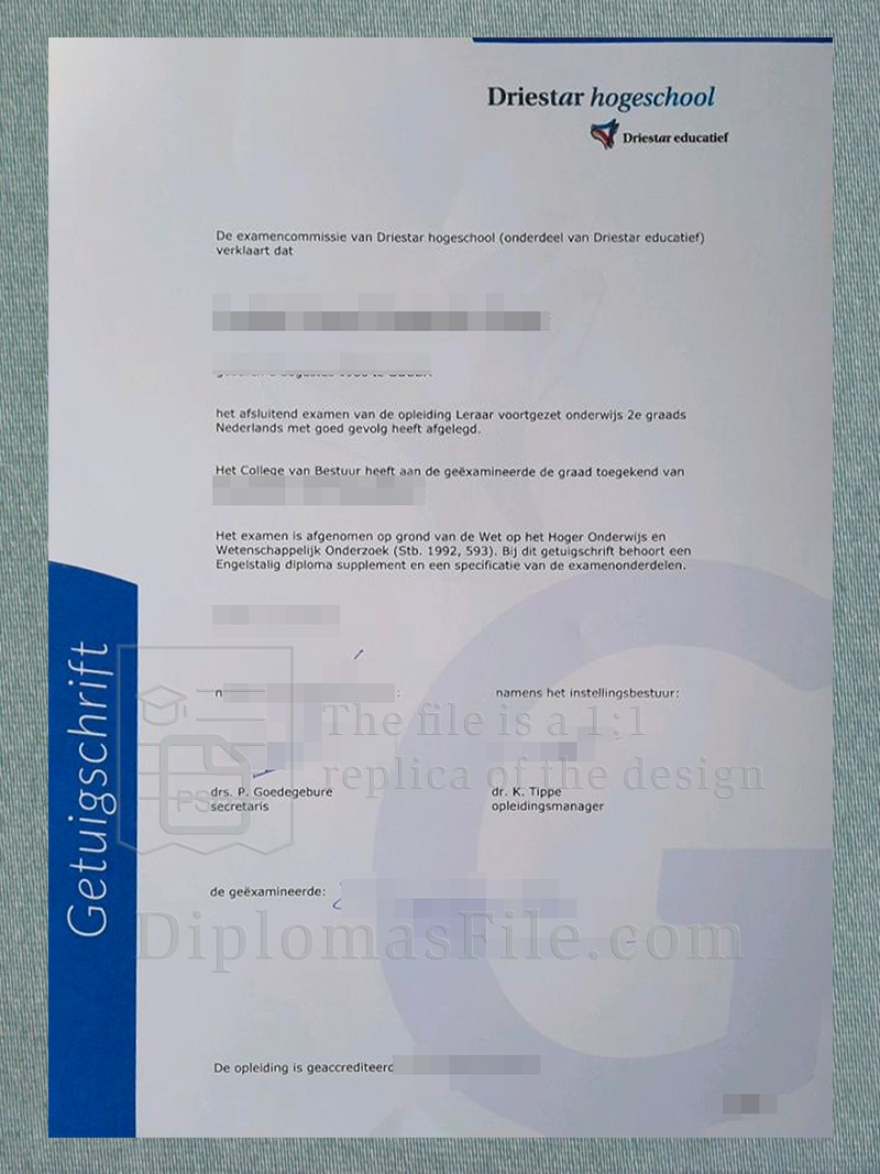 德里斯塔尔应用科学大学证书, Driestar hogeschool getuigschrift