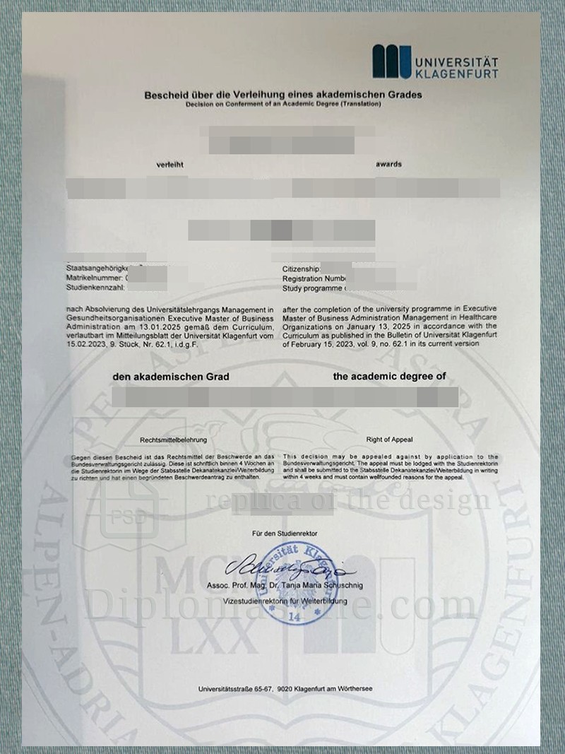 克拉根福大学文凭, Universität Klagenfurt Diploma 克拉根福大学文凭, Universität Klagenfurt Diploma