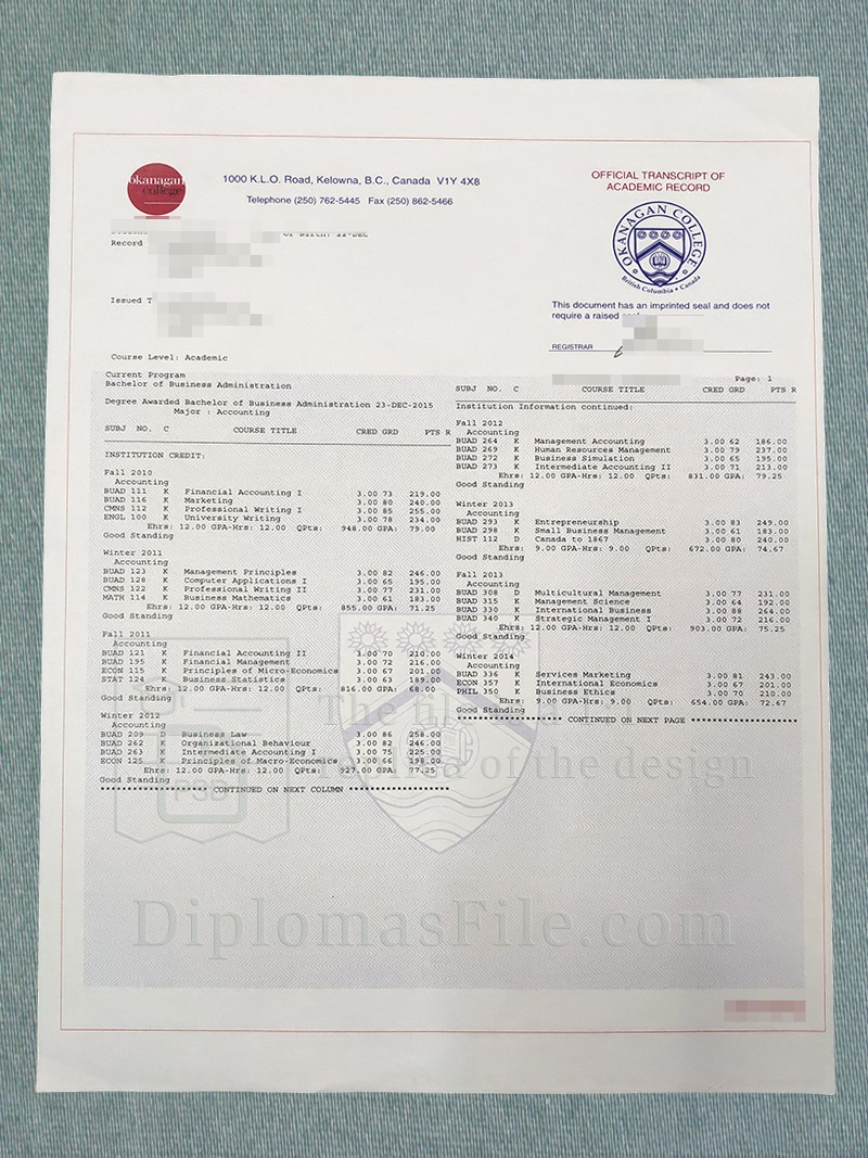 奥肯纳根学院成绩单, Okanagan College Transcript 奥肯纳根学院成绩单, Okanagan College Transcript
