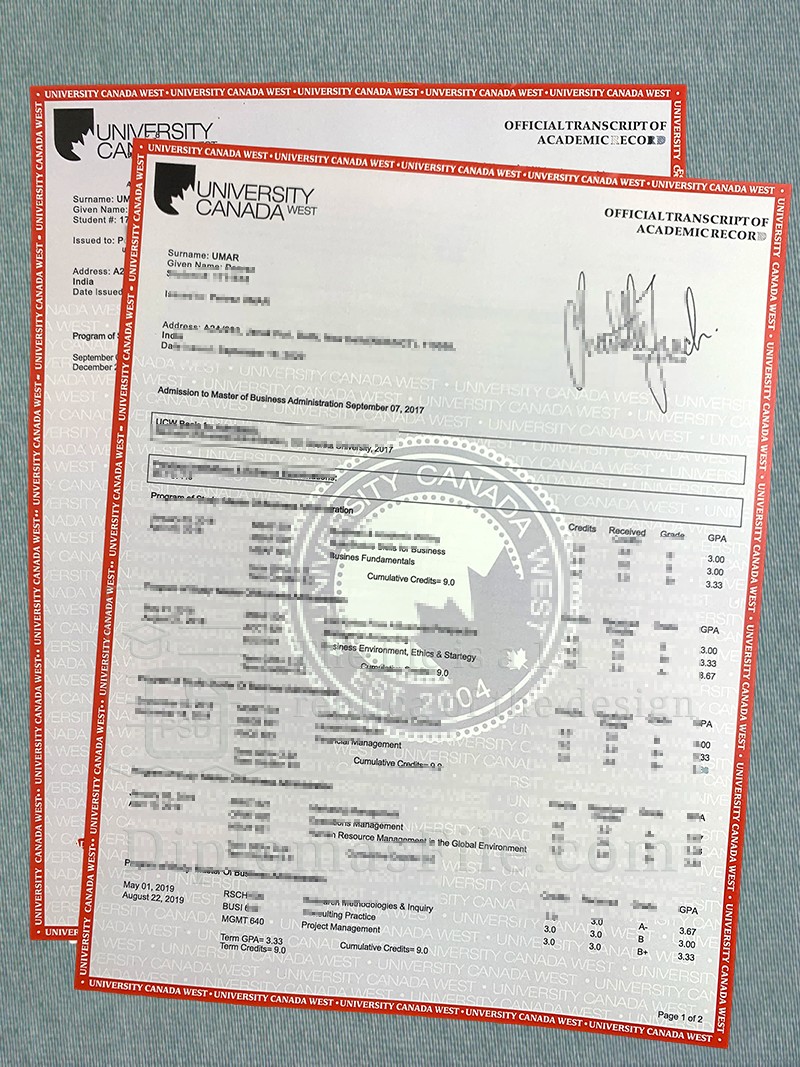 加拿大西部大学成绩单, University Canada West Transcript